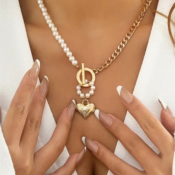 Pearl Necklace with Toggle Clasp Heart Link Chain Choker Pearl Jewelry - Picture 11 of 11